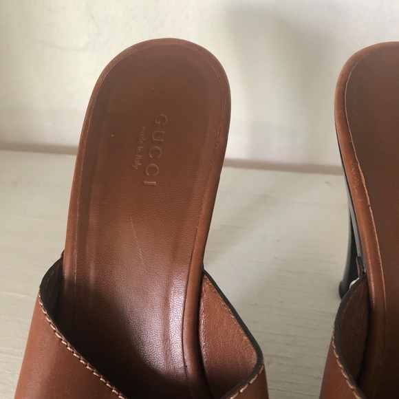 Gucci Leather Platform Slide on Sandal Heels Brown Size 38 7.5 - Picture 8 of 10